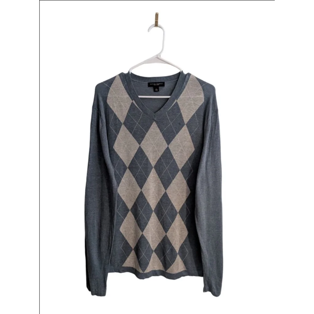 Men's Banana Republic L Blue Beige Argyle V-Neck Sweater